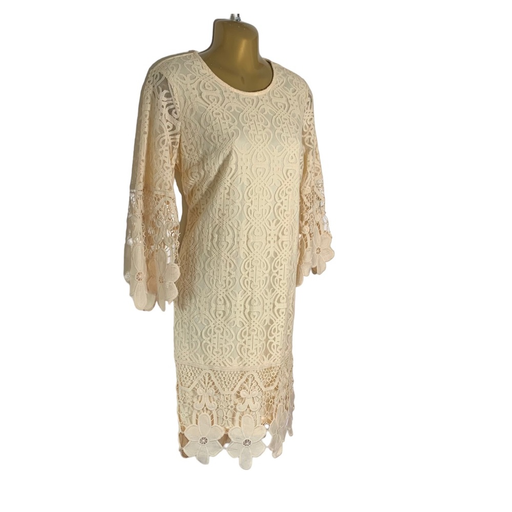Vtg butter yellow lasercut sheer lace short dress bell sleeve floral mesh L